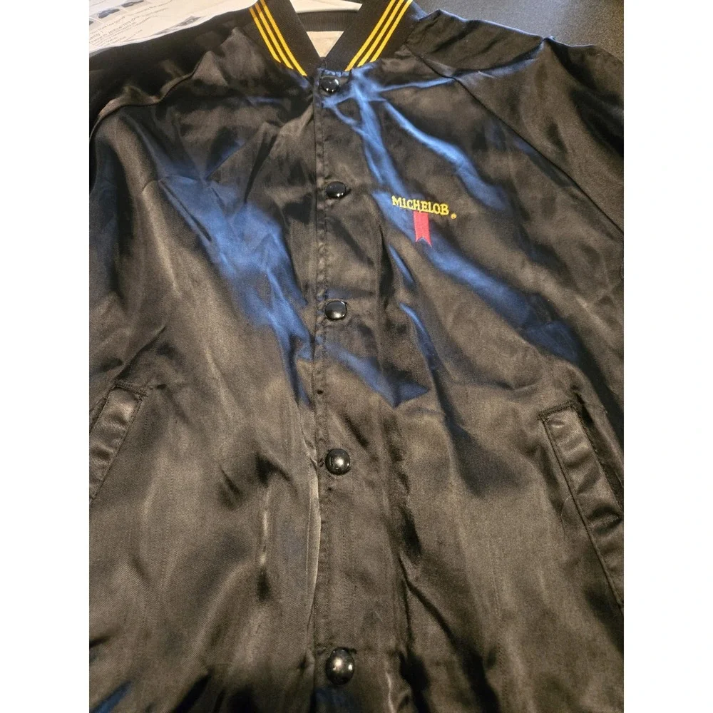 Vintage Michelob Satin Jacket USA Made A&E Eagle Black Snap Front Bomber L